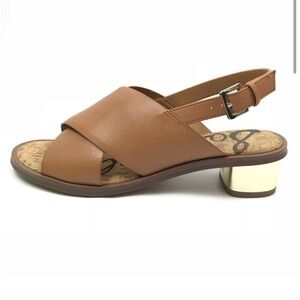 Sam Edelman Tan Leather Crossband Slingback Sandal with Gold Block Heel